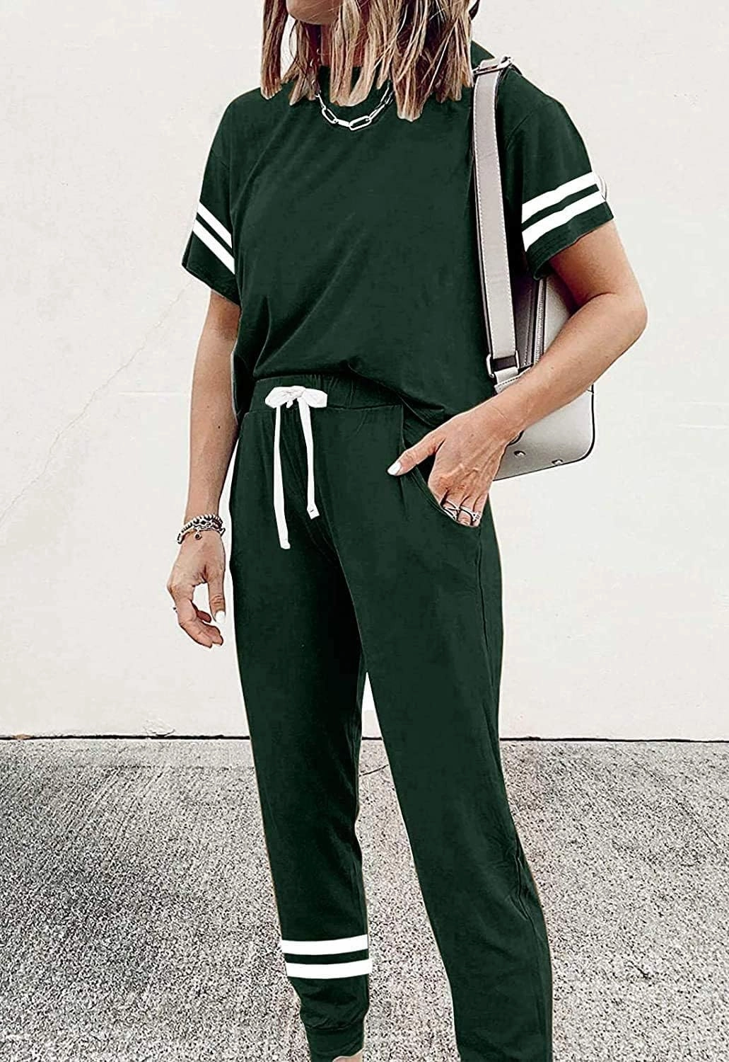 PRETTYGARDEN Women Summer Two Piece Outfits Striped Short Sleeve Pullover and Long Pants Tracksuit Travel Pajama Lounge Set