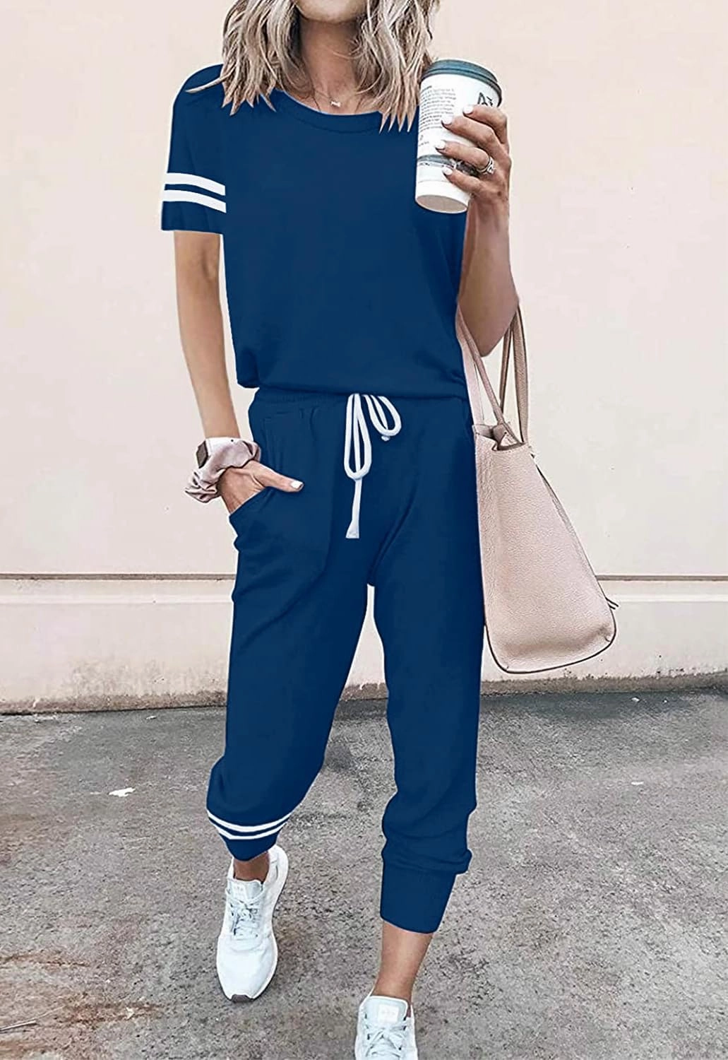 PRETTYGARDEN Women Summer Two Piece Outfits Striped Short Sleeve Pullover and Long Pants Tracksuit Travel Pajama Lounge Set