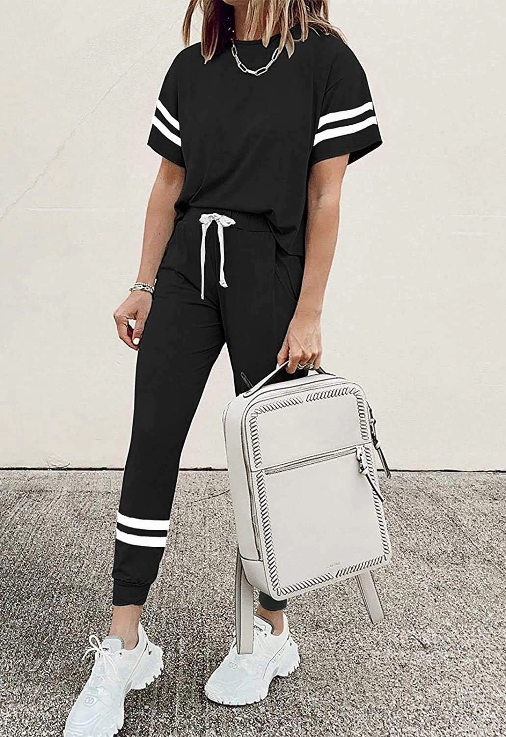 PRETTYGARDEN Women Summer Two Piece Outfits Striped Short Sleeve Pullover and Long Pants Tracksuit Travel Pajama Lounge Set