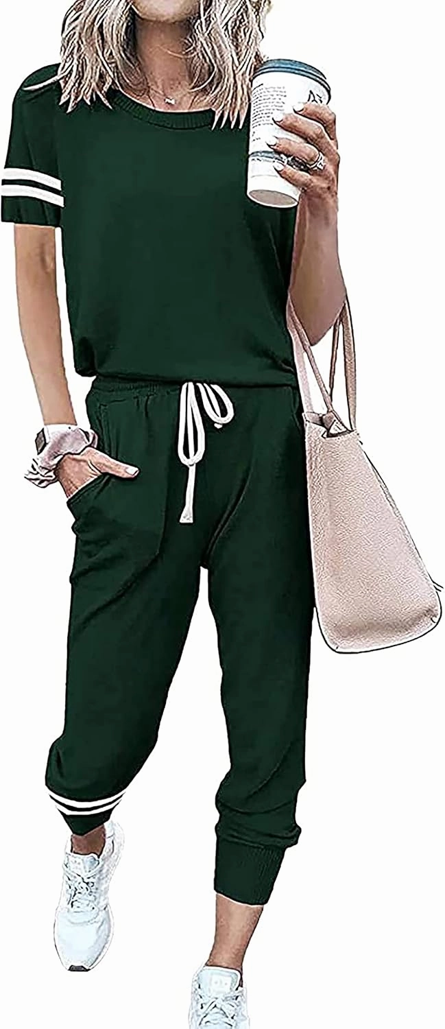 PRETTYGARDEN Women Summer Two Piece Outfits Striped Short Sleeve Pullover and Long Pants Tracksuit Travel Pajama Lounge Set