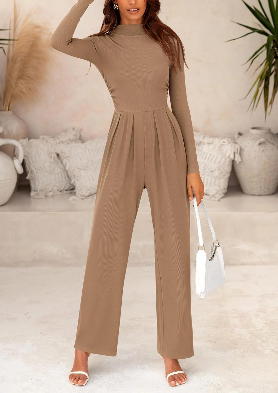 PRETTYGARDEN Womens Jumpsuit Dressy Casual Spring Fall Fashion One Piece Outfits Long Sleeve Mock Neck Wide Leg Pants Rompers
