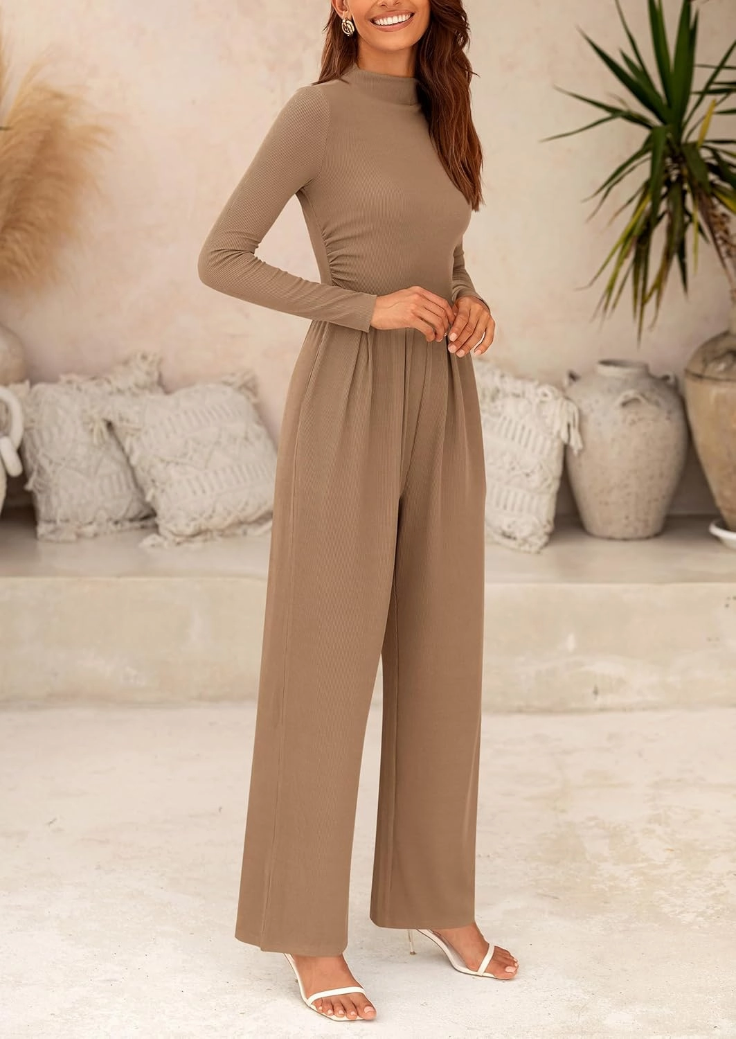 PRETTYGARDEN Womens Jumpsuit Dressy Casual Spring Fall Fashion One Piece Outfits Long Sleeve Mock Neck Wide Leg Pants Rompers