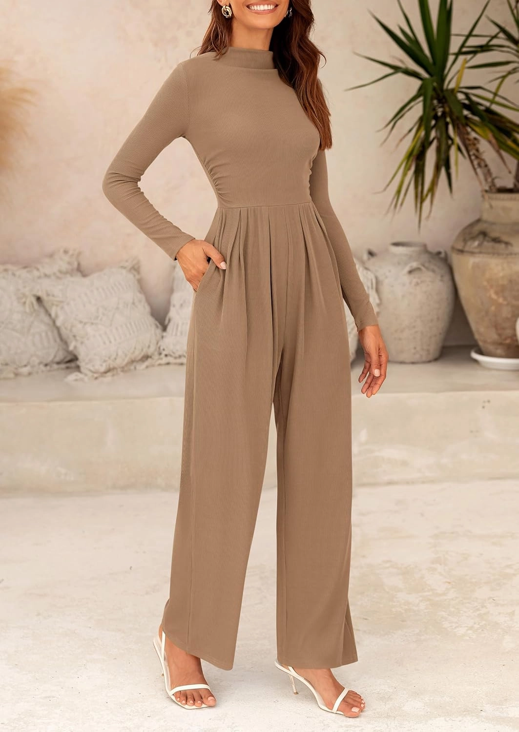 PRETTYGARDEN Womens Jumpsuit Dressy Casual Spring Fall Fashion One Piece Outfits Long Sleeve Mock Neck Wide Leg Pants Rompers