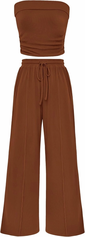 PRETTYGARDEN Womens Summer Outfits 2 Piece Sets Casual Ribbed Knit Crop Tube Top Wide Leg Pants Spring Matching Lounge Set