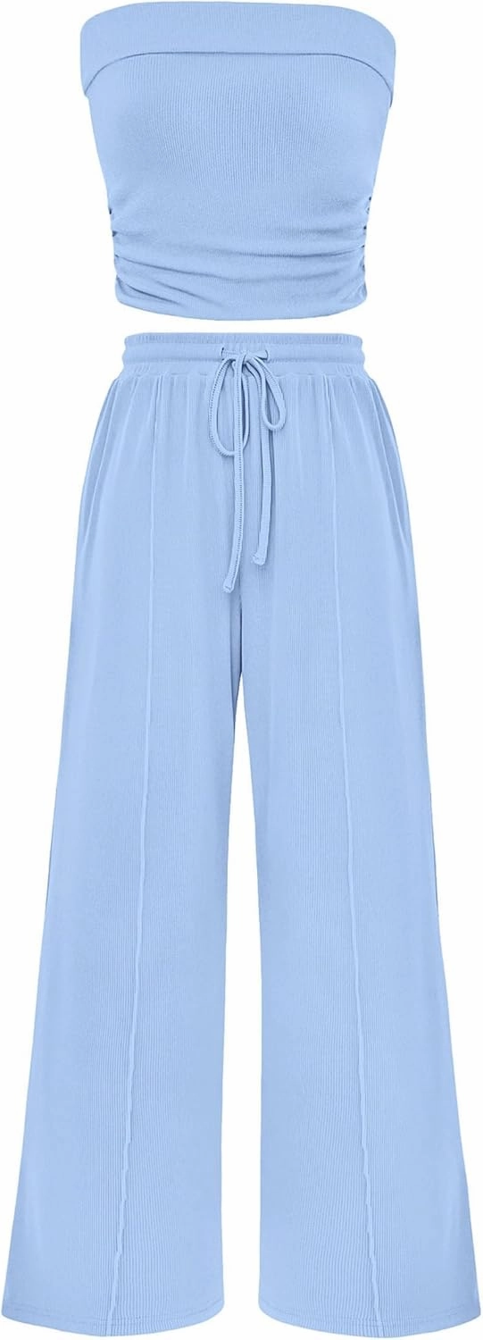 PRETTYGARDEN Womens Summer Outfits 2 Piece Sets Casual Ribbed Knit Crop Tube Top Wide Leg Pants Spring Matching Lounge Set
