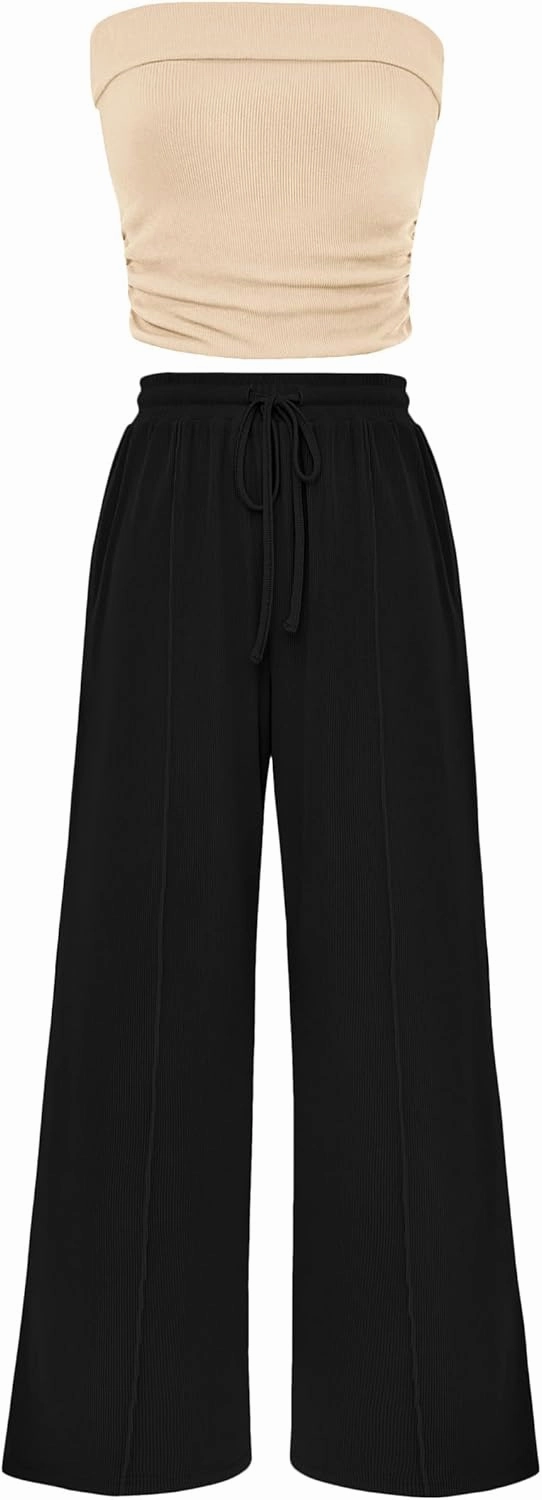 PRETTYGARDEN Womens Summer Outfits 2 Piece Sets Casual Ribbed Knit Crop Tube Top Wide Leg Pants Spring Matching Lounge Set