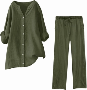 PTOLOCIF 2 Piece Outfits for Women Casual Lounge Sets Long Sleeve Button down Shirts and Wide Leg Pants Oversized Tracksuit