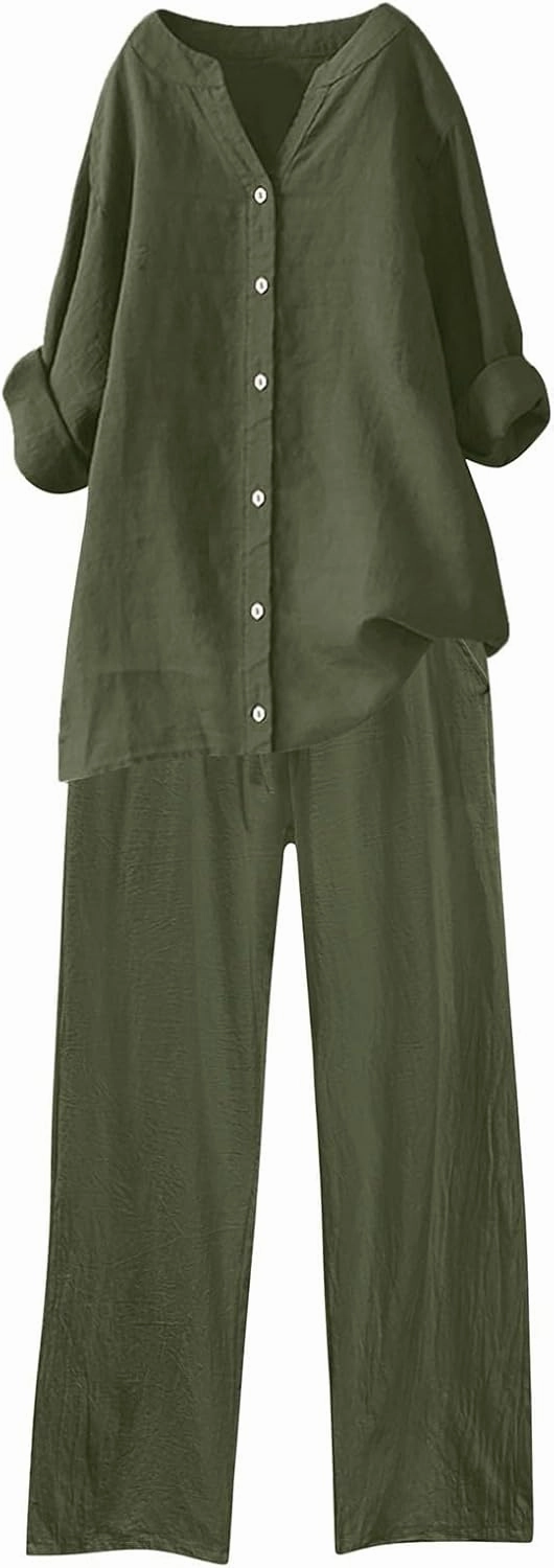 PTOLOCIF 2 Piece Outfits for Women Casual Lounge Sets Long Sleeve Button down Shirts and Wide Leg Pants Oversized Tracksuit