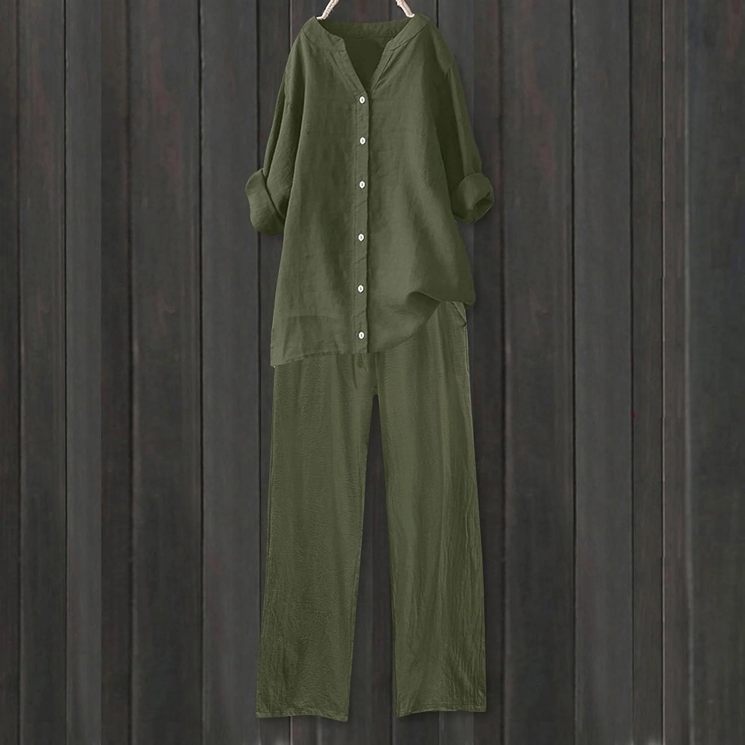 PTOLOCIF 2 Piece Outfits for Women Casual Lounge Sets Long Sleeve Button down Shirts and Wide Leg Pants Oversized Tracksuit