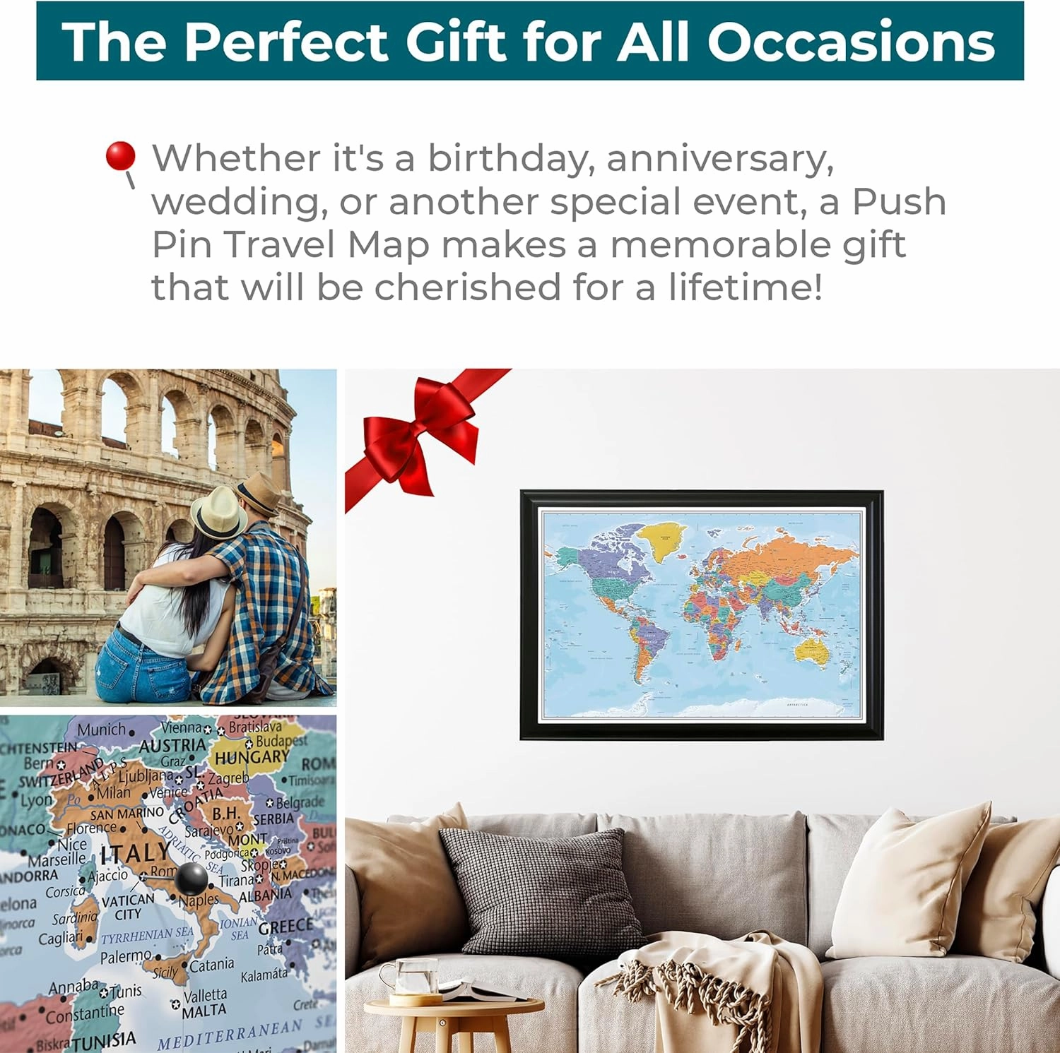 Push Pin Travel Maps - Blue Oceans World with Black Frame- 27.5" x 39.5" - 8 Handcrafted Frame Options - Made in USA - Ideal for Adventurous Travelers