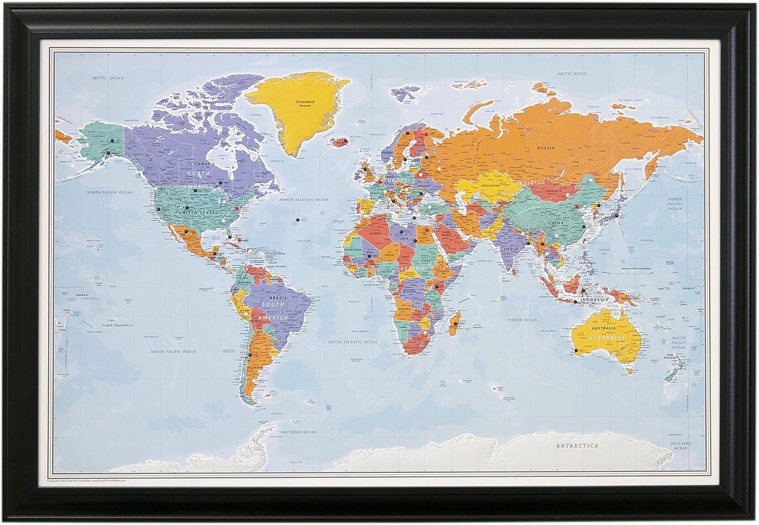 Push Pin Travel Maps - Blue Oceans World with Black Frame- 27.5" x 39.5" - 8 Handcrafted Frame Options - Made in USA - Ideal for Adventurous Travelers