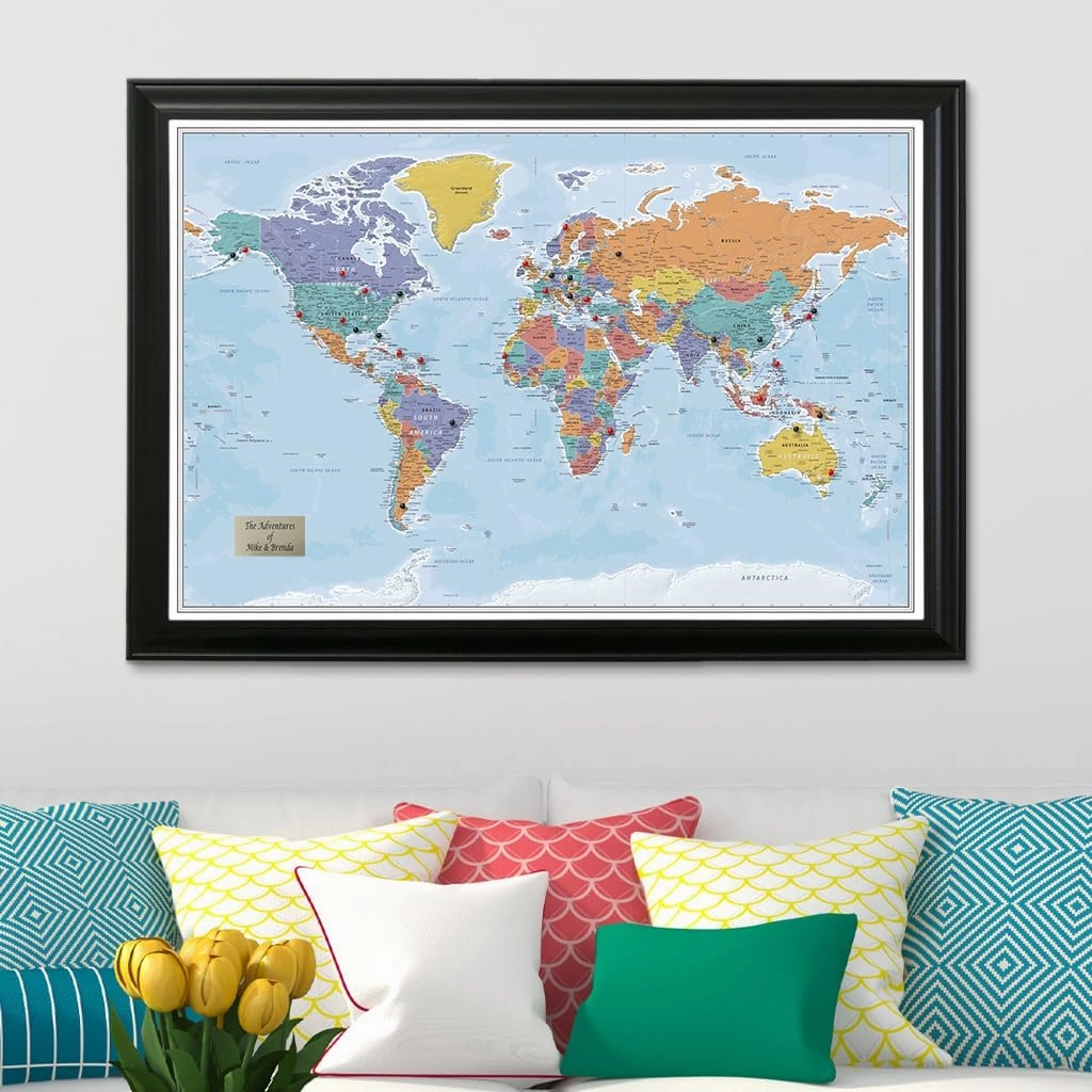 Push Pin Travel Maps - Customizable Blue Oceans World with Black Frame- 27.5" x 39.5" - 8 Handcrafted Frame Options - Made in USA - Ideal for Adventurous Travelers