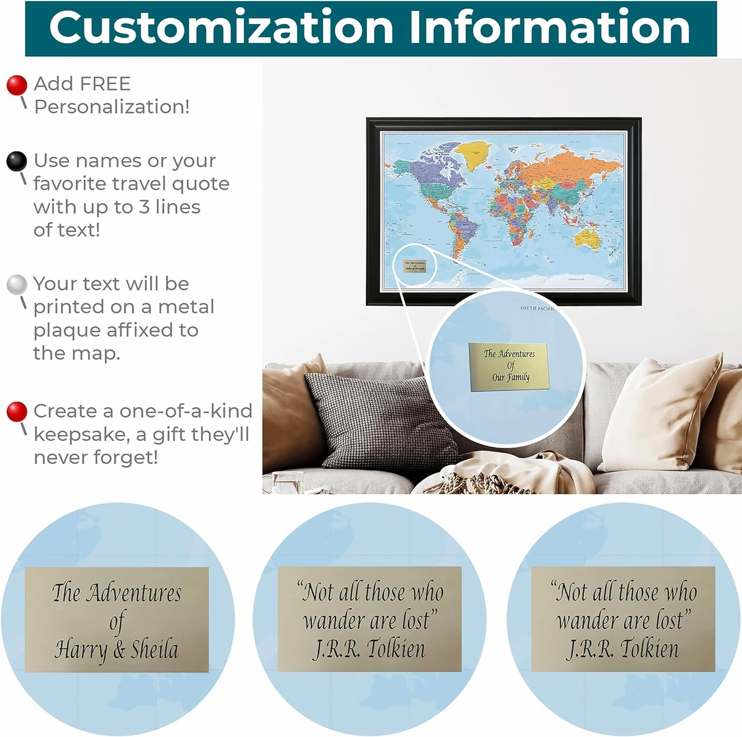 Push Pin Travel Maps - Customizable Blue Oceans World with Black Frame- 27.5" x 39.5" - 8 Handcrafted Frame Options - Made in USA - Ideal for Adventurous Travelers