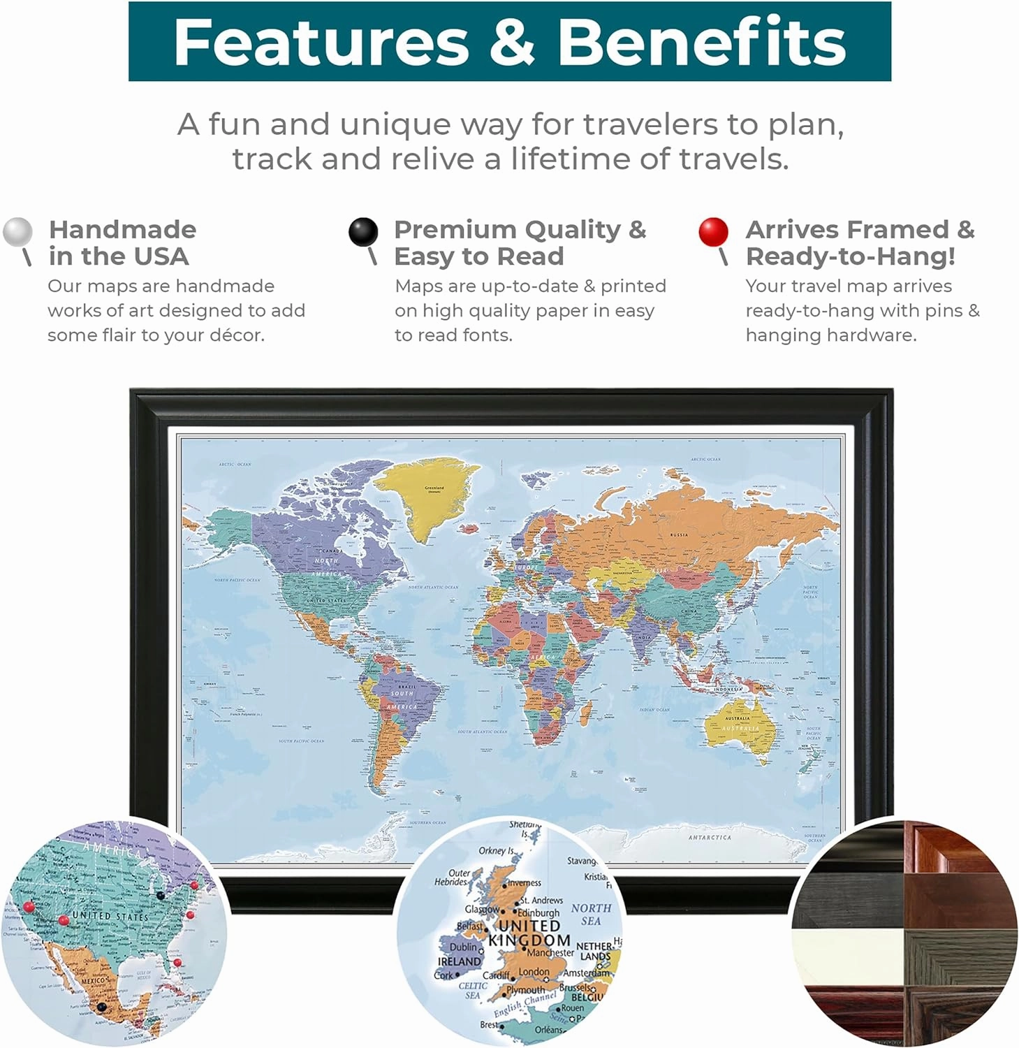 Push Pin Travel Maps - Customizable Blue Oceans World with Black Frame- 27.5" x 39.5" - 8 Handcrafted Frame Options - Made in USA - Ideal for Adventurous Travelers