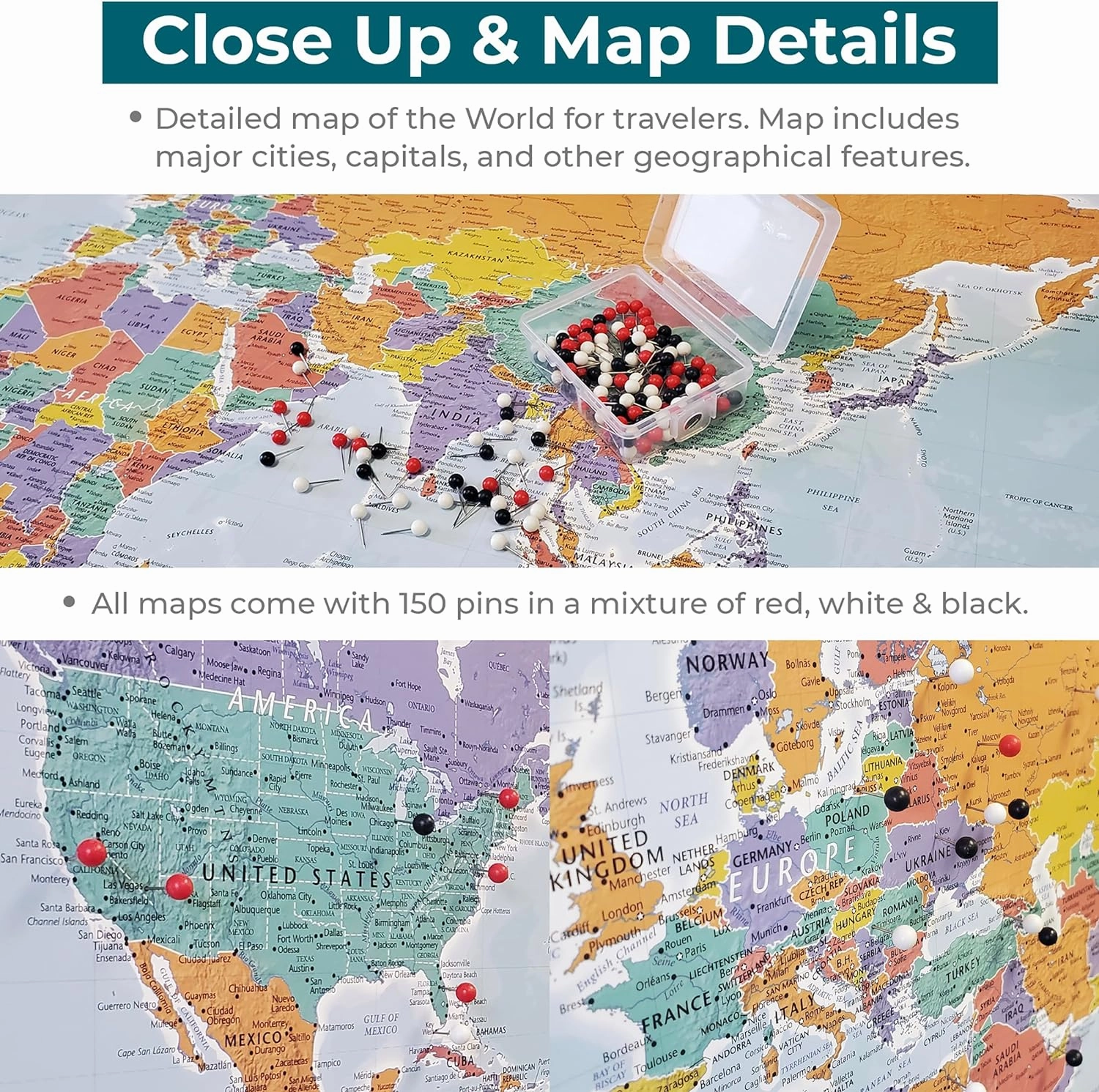 Push Pin Travel Maps - Customizable Blue Oceans World with Black Frame- 27.5" x 39.5" - 8 Handcrafted Frame Options - Made in USA - Ideal for Adventurous Travelers