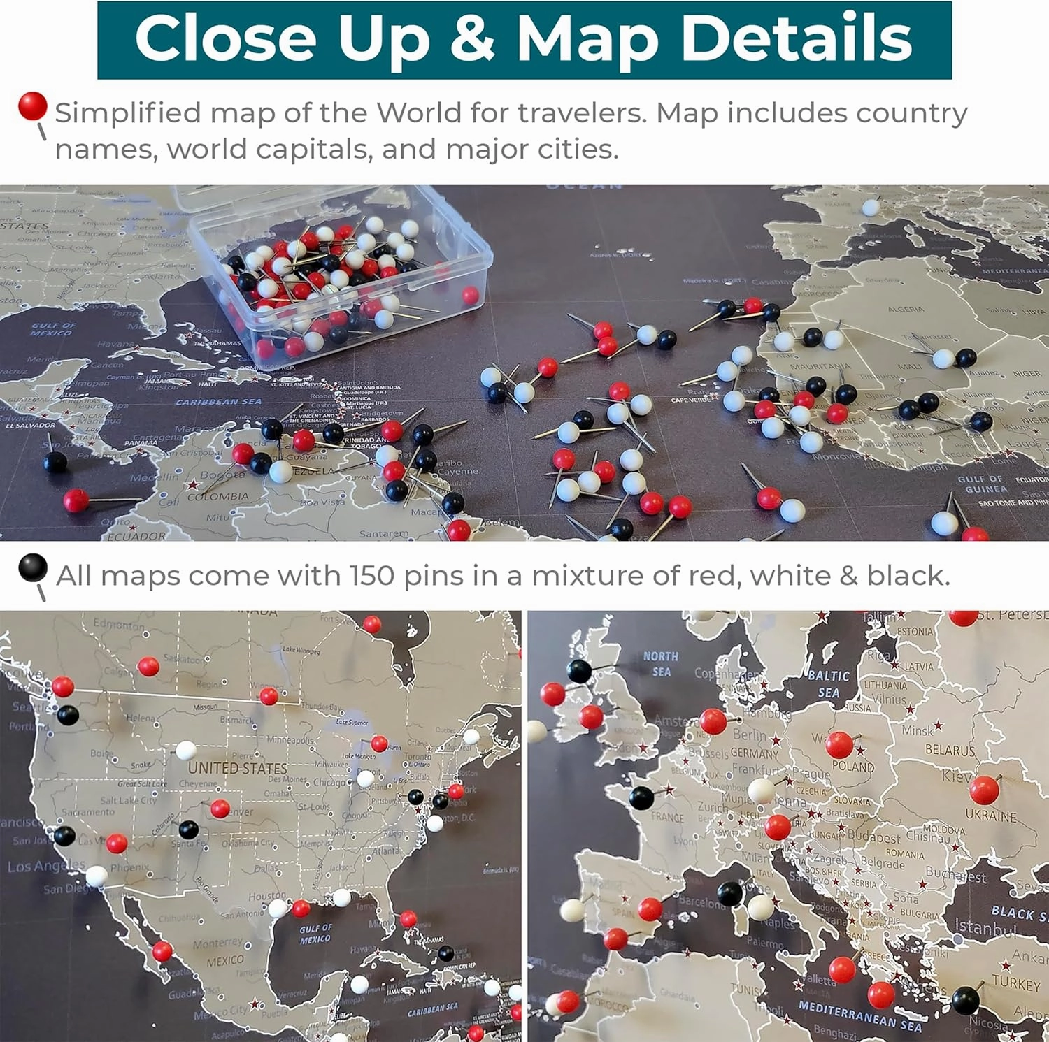 Push Pin Travel Maps Customizable Wall Art - Earth Toned World - Barnwood Gray - Personalized Framed Pin Map, Includes 150 Pins - Handcrafted in USA - 27.5" x 39.5"
