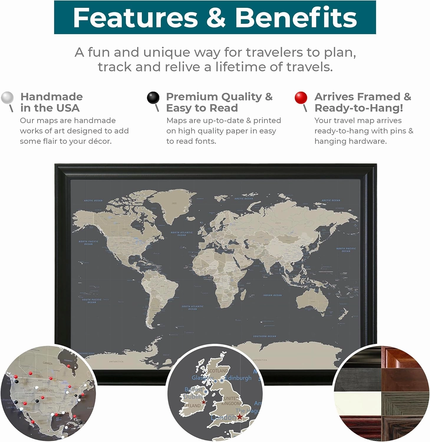 Push Pin Travel Maps Customizable Wall Art - Earth Toned World - Barnwood Gray - Personalized Framed Pin Map, Includes 150 Pins - Handcrafted in USA - 27.5" x 39.5"