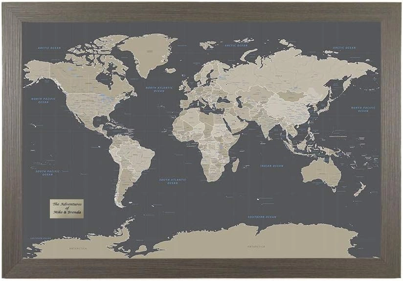 Push Pin Travel Maps Customizable Wall Art - Earth Toned World - Barnwood Gray - Personalized Framed Pin Map, Includes 150 Pins - Handcrafted in USA - 27.5" x 39.5"