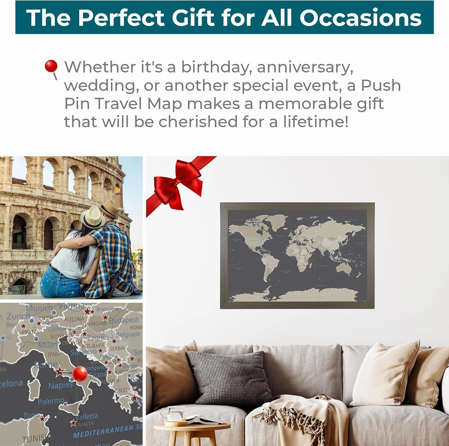 Push Pin Travel Maps Customizable Wall Art - Earth Toned World - Barnwood Gray - Personalized Framed Pin Map, Includes 150 Pins - Handcrafted in USA - 27.5" x 39.5"