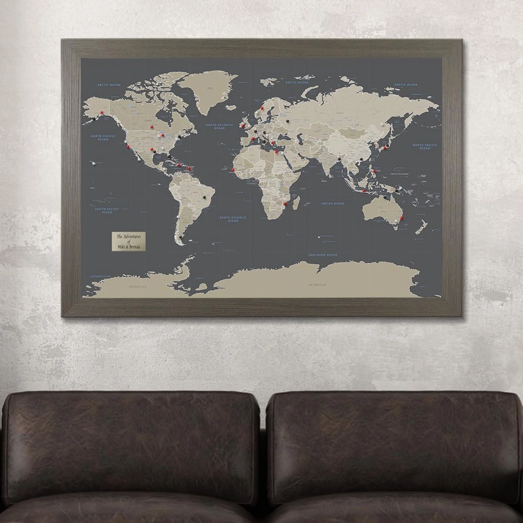 Push Pin Travel Maps Customizable Wall Art - Earth Toned World - Barnwood Gray - Personalized Framed Pin Map, Includes 150 Pins - Handcrafted in USA - 27.5" x 39.5"