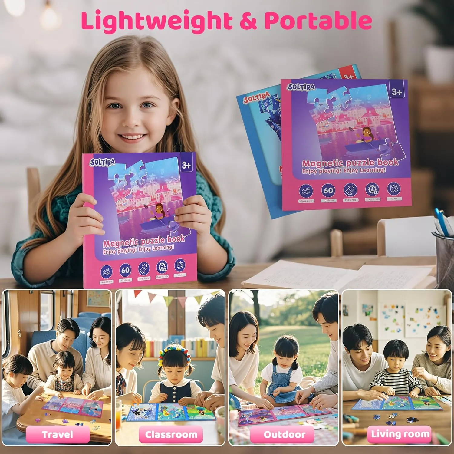 Puzzles for Kids Ages 4-6 Girls 120 Pieces Two-Book Travel Puzzles for Kids 3-5 Airplane Car Road Trip Activities Games Toys 3 4 5 6 7 8 Year Old Girls Gift