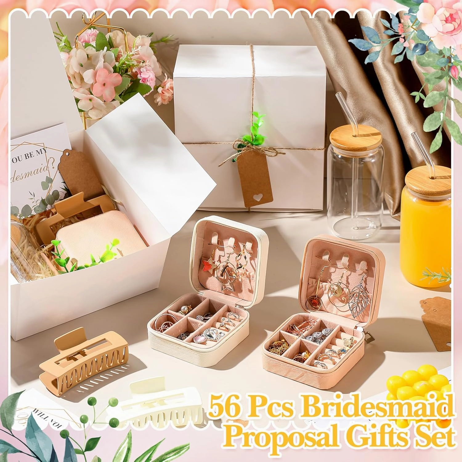 Quelay 56 Pcs Bridesmaid Proposal Gift Set, 15oz Glass Cup, Mini Jewelry Box, Square Clips, Gift Box Will You Be My Bridesmaid Invitation Card for Bridal Shower Bridesmaid Bachelorette Party(Pink)