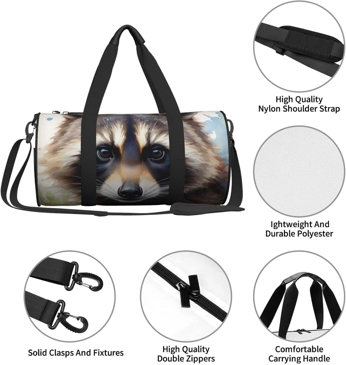 raccoon Printed Travel Bag,Round Personal Item Storage bag,Foldie Duffel Bag for Traveling Vacation,Fitness,Sports