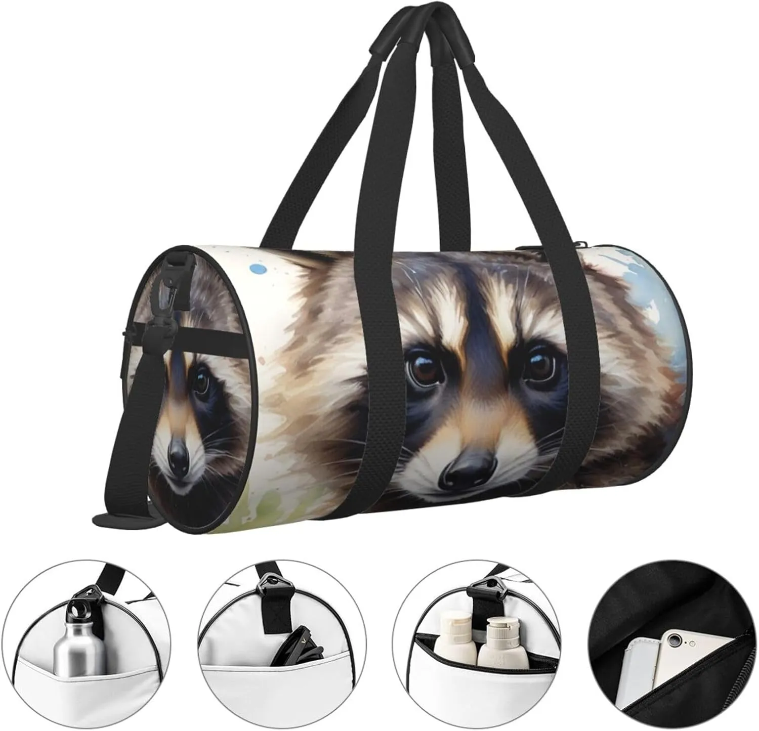 raccoon Printed Travel Bag,Round Personal Item Storage bag,Foldie Duffel Bag for Traveling Vacation,Fitness,Sports