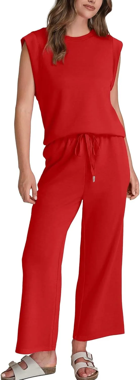 SAMPEEL Two Piece Sets for Women Casual Travel Vacation Outfits Summer Wide Leg Crop Pants Lounge Sets