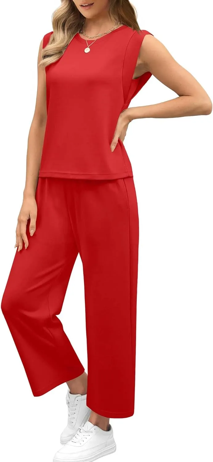 SAMPEEL Two Piece Sets for Women Casual Travel Vacation Outfits Summer Wide Leg Crop Pants Lounge Sets