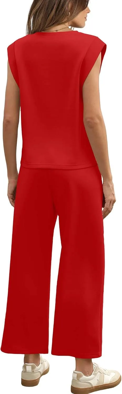 SAMPEEL Two Piece Sets for Women Casual Travel Vacation Outfits Summer Wide Leg Crop Pants Lounge Sets