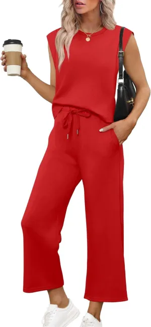 SAMPEEL Two Piece Sets for Women Casual Travel Vacation Outfits Summer Wide Leg Crop Pants Lounge Sets