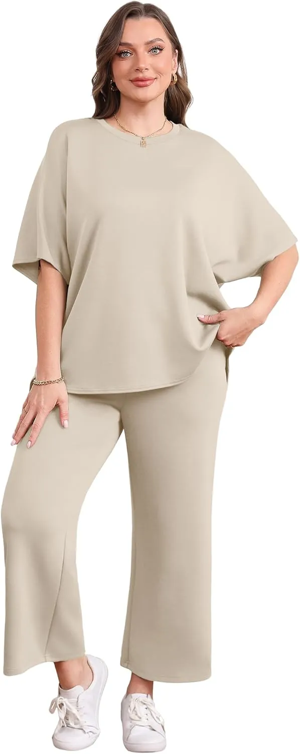 SAMPEEL Two Piece Sets for Women Summer Outfits Oversized Wide Leg Crop Pants Lounge Sets Airport Beach Vacation Clothes