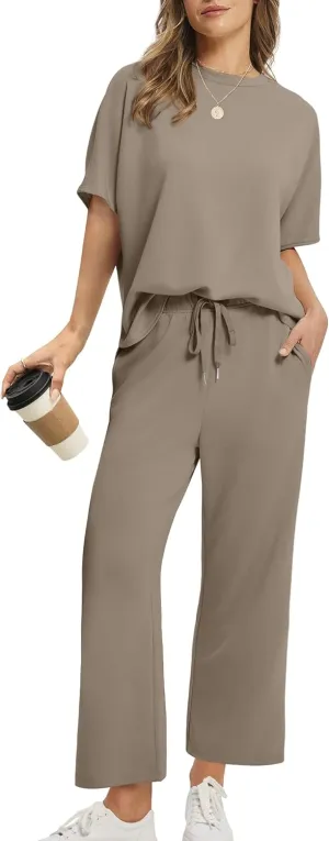 SAMPEEL Two Piece Sets for Women Summer Outfits Oversized Wide Leg Crop Pants Lounge Sets Airport Beach Vacation Clothes