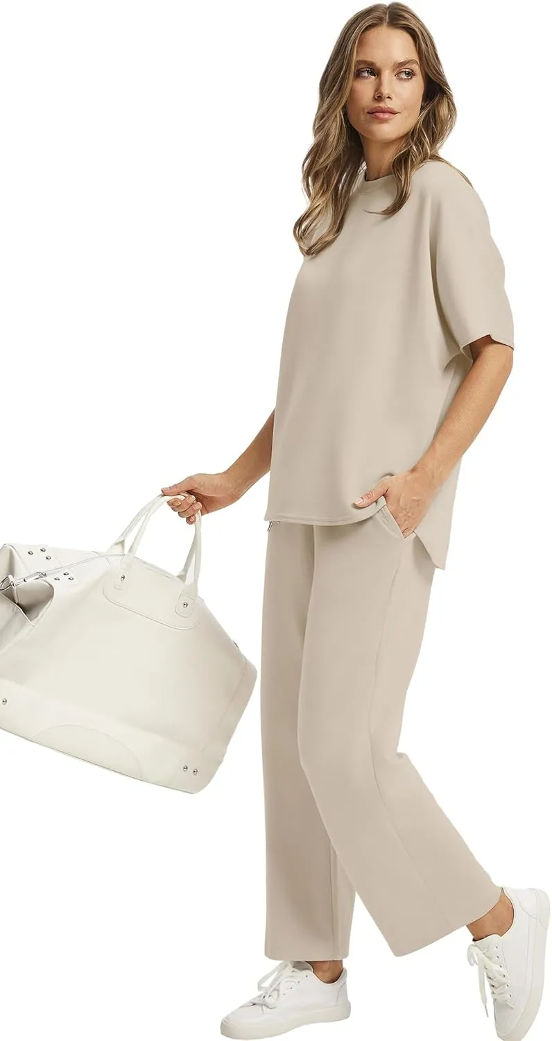 SAMPEEL Two Piece Sets for Women Summer Outfits Oversized Wide Leg Crop Pants Lounge Sets Airport Beach Vacation Clothes