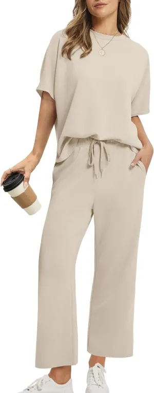 SAMPEEL Two Piece Sets for Women Summer Outfits Oversized Wide Leg Crop Pants Lounge Sets Airport Beach Vacation Clothes