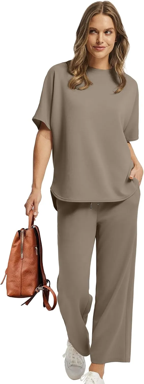 SAMPEEL Two Piece Sets for Women Summer Outfits Oversized Wide Leg Crop Pants Lounge Sets Airport Beach Vacation Clothes