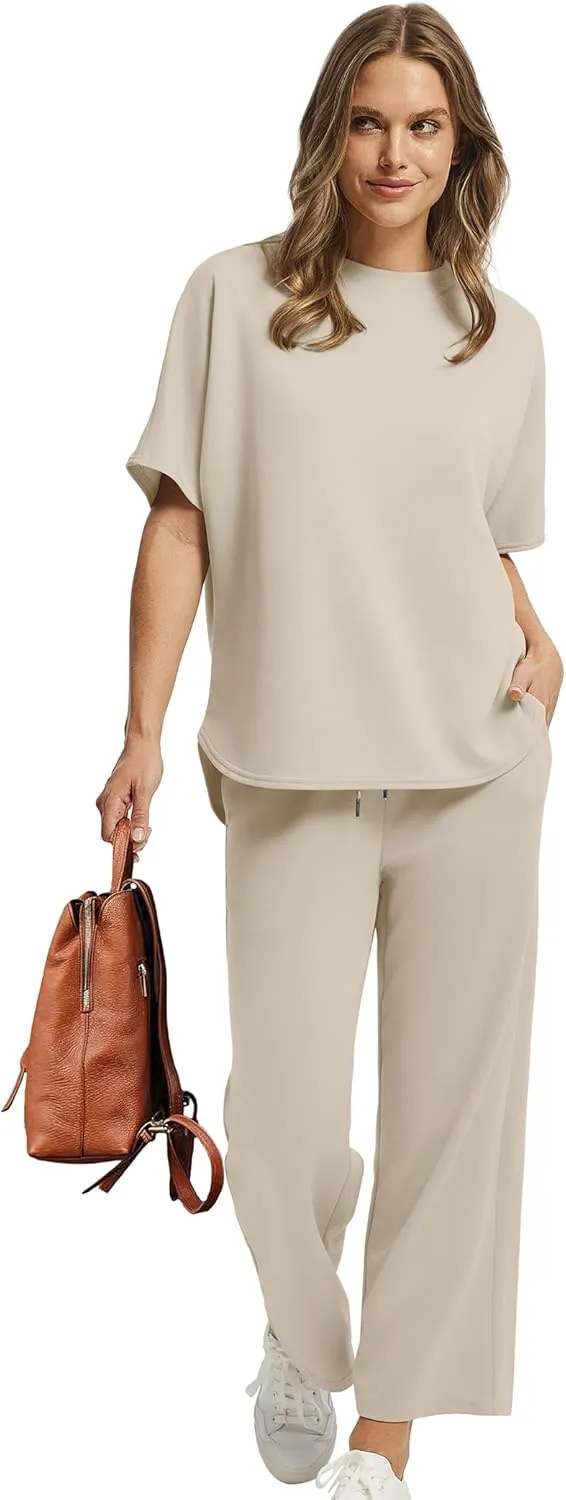 SAMPEEL Two Piece Sets for Women Summer Outfits Oversized Wide Leg Crop Pants Lounge Sets Airport Beach Vacation Clothes