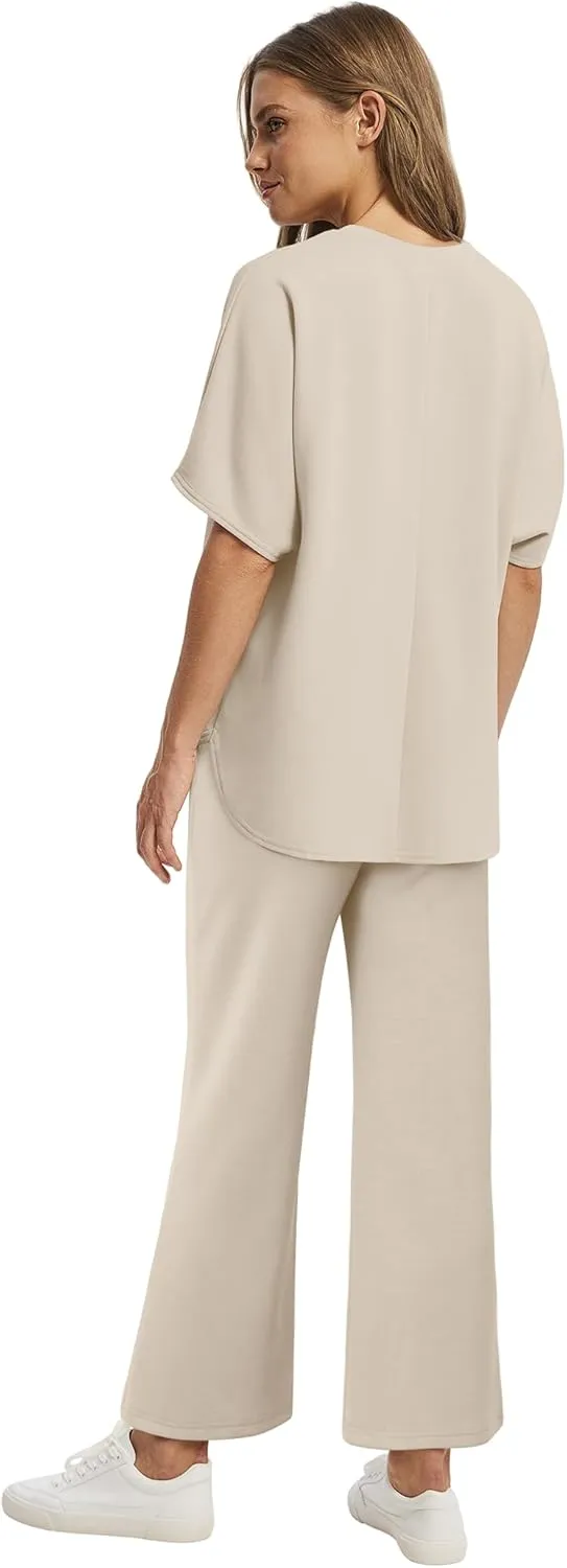 SAMPEEL Two Piece Sets for Women Summer Outfits Oversized Wide Leg Crop Pants Lounge Sets Airport Beach Vacation Clothes