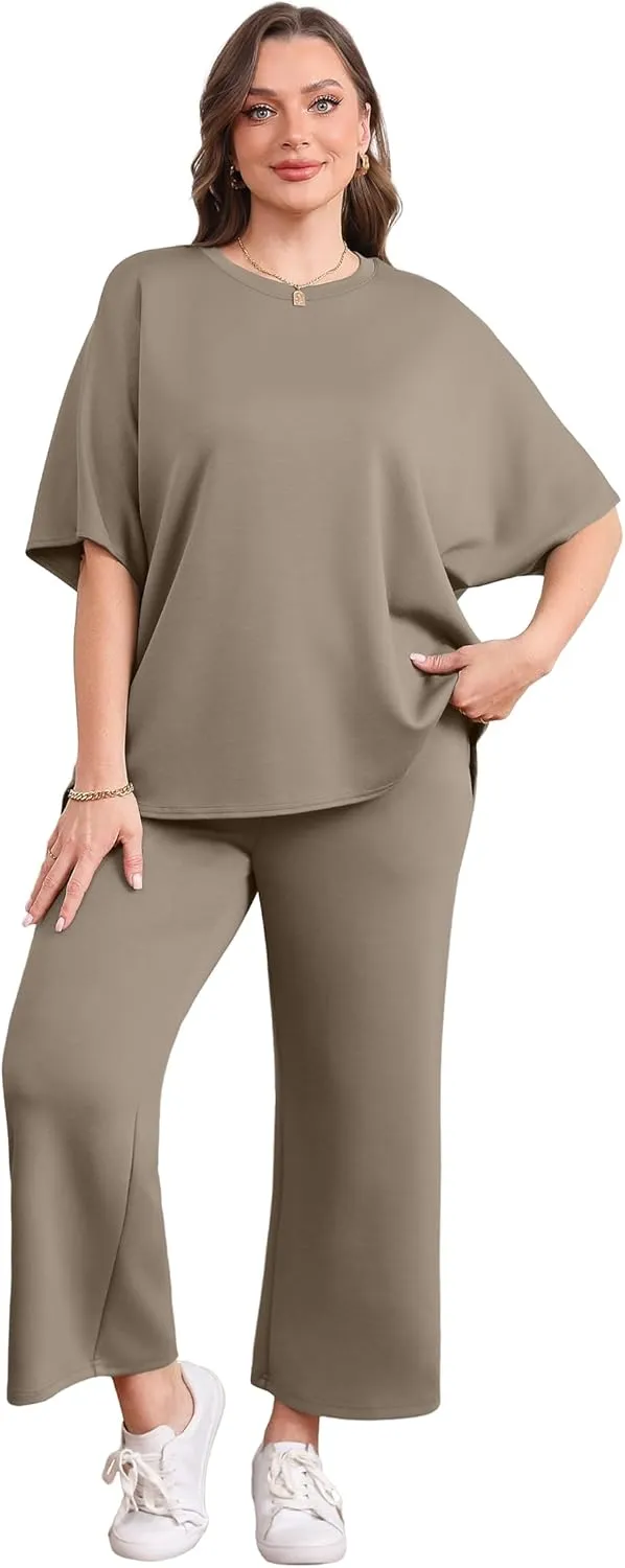 SAMPEEL Two Piece Sets for Women Summer Outfits Oversized Wide Leg Crop Pants Lounge Sets Airport Beach Vacation Clothes