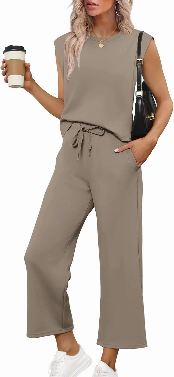 SAMPEEL Two Piece Sets for Women Casual Travel Vacation Outfits Summer Wide Leg Crop Pants Lounge Sets