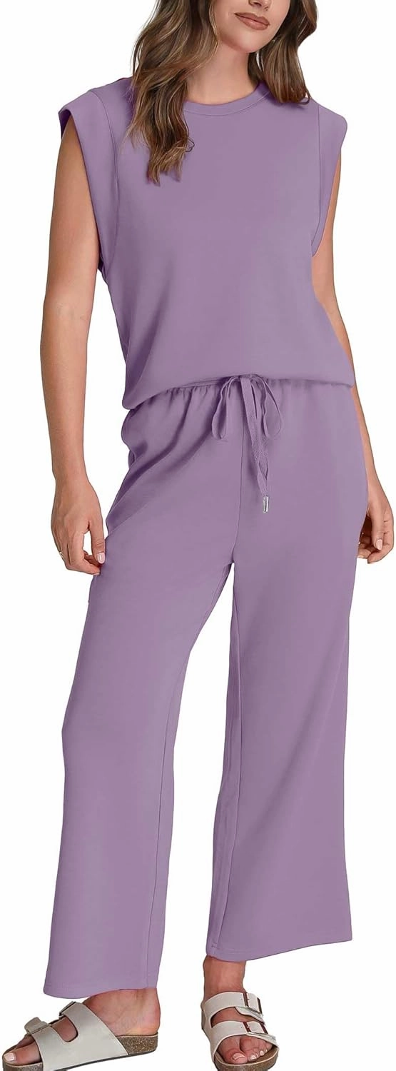 SAMPEEL Two Piece Sets for Women Casual Travel Vacation Outfits Summer Wide Leg Crop Pants Lounge Sets