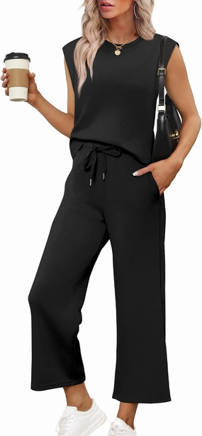 SAMPEEL Two Piece Sets for Women Casual Travel Vacation Outfits Summer Wide Leg Crop Pants Lounge Sets