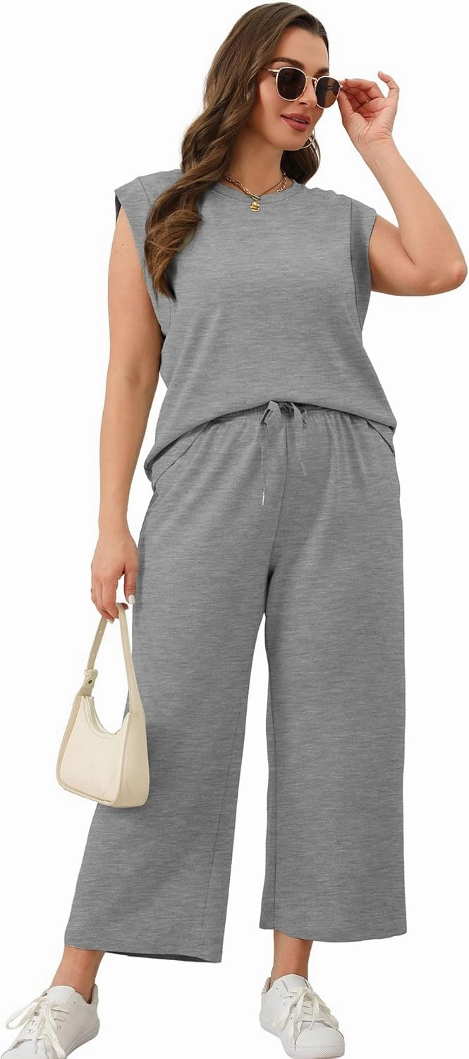 SAMPEEL Two Piece Sets for Women Casual Travel Vacation Outfits Summer Wide Leg Crop Pants Lounge Sets