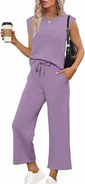 SAMPEEL Two Piece Sets for Women Casual Travel Vacation Outfits Summer Wide Leg Crop Pants Lounge Sets