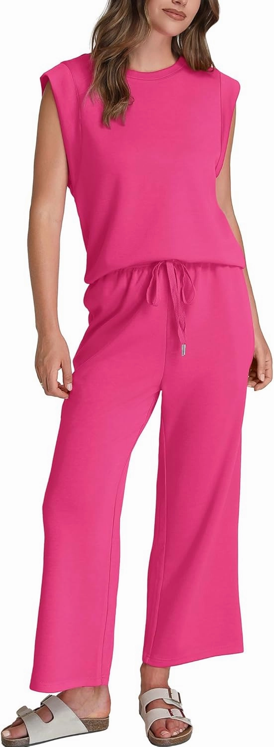 SAMPEEL Two Piece Sets for Women Casual Travel Vacation Outfits Summer Wide Leg Crop Pants Lounge Sets