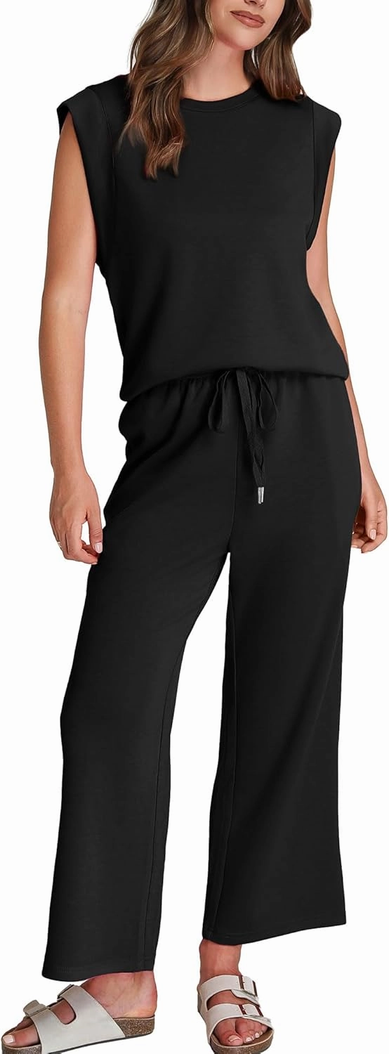 SAMPEEL Two Piece Sets for Women Casual Travel Vacation Outfits Summer Wide Leg Crop Pants Lounge Sets