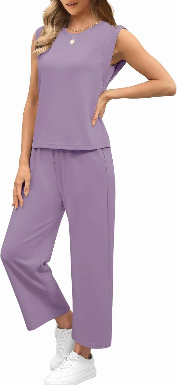 SAMPEEL Two Piece Sets for Women Casual Travel Vacation Outfits Summer Wide Leg Crop Pants Lounge Sets