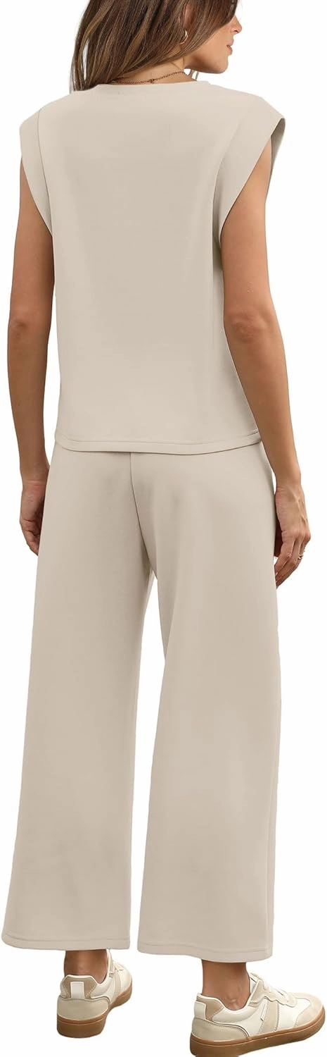 SAMPEEL Two Piece Sets for Women Casual Travel Vacation Outfits Summer Wide Leg Crop Pants Lounge Sets