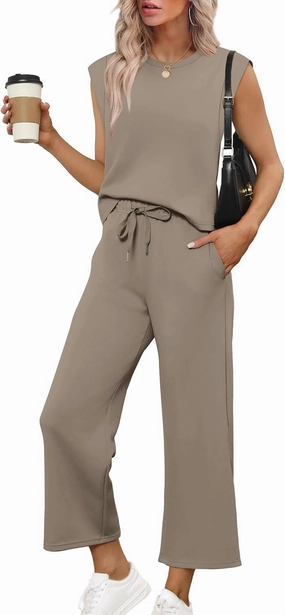 SAMPEEL Two Piece Sets for Women Casual Travel Vacation Outfits Summer Wide Leg Crop Pants Lounge Sets